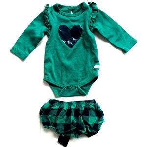 ruffle butts green onesie; plaid shorts + big bow
